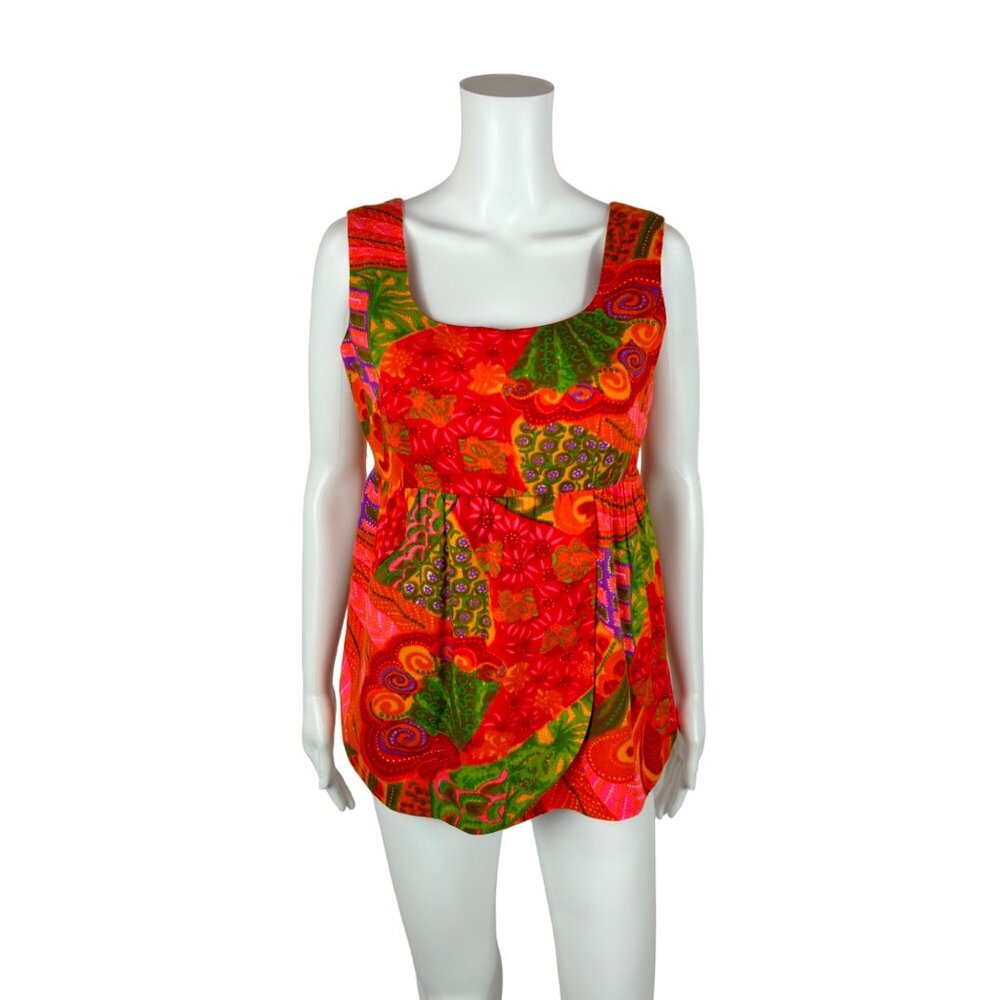 Vintage 60s Babydoll Top Women's Small Sleeveless Tropical Tank Psychedelic